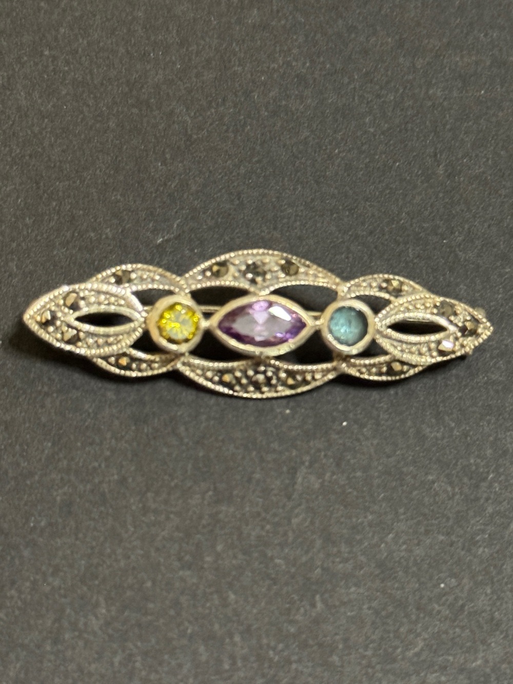 Sterling Silver Marcasite Bar Brooch with Topaz, Amethyst, and Citrine Stones